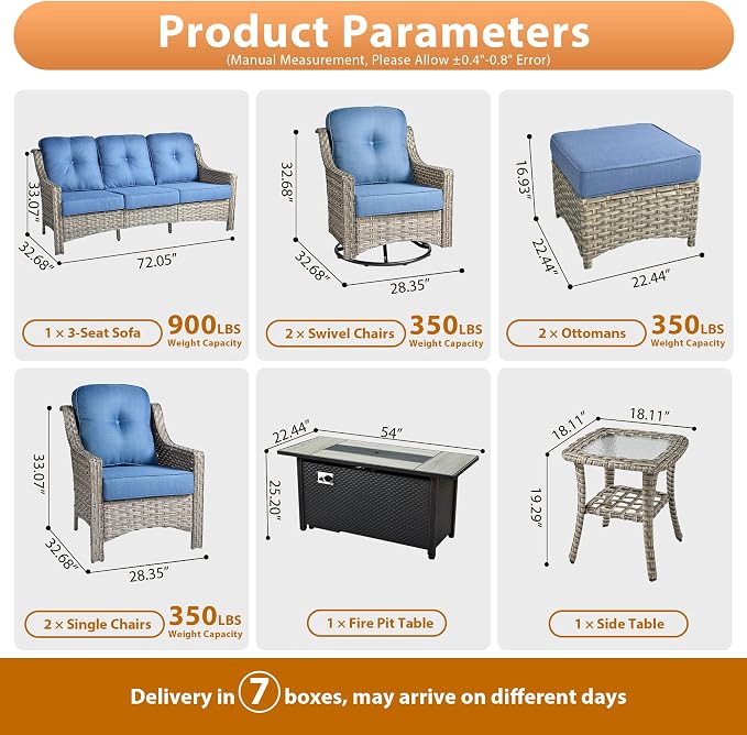 9 PCS Outdoor Patio Furniture Sets,Patio Conversation Sets Outside Rattan Soft Cushion Sofa with 2 Wicker Rocking Chairs & 54 in Fire Pit Table Fit Backyard Porch Garden Poolside Balcony,Diamond Blue