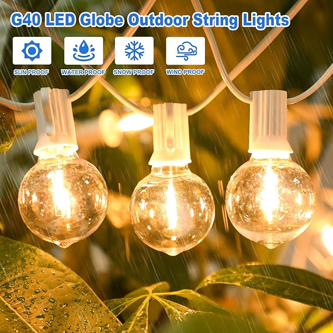 Outdoor G40 LED Globe String Lights 25FT Shatterproof Waterproof | Dimmable Patio Lights with 12+2 Bulbs Connectable Commercial Hanging Light for Patio Balcony Backyard Party (White Wire)