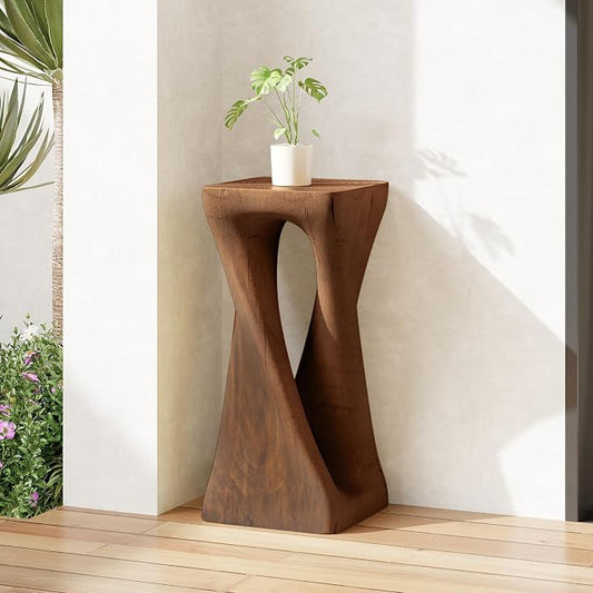 Christopher Knight Home Novi 26.8"H Lightweight Concrete Outdoor Side Table, Hollow Twist-Shaped Patio End Table, MGO Outdoor Coffee Table, Garden Plant Stand Indoor, Wood-Like Texture, Antique Brown