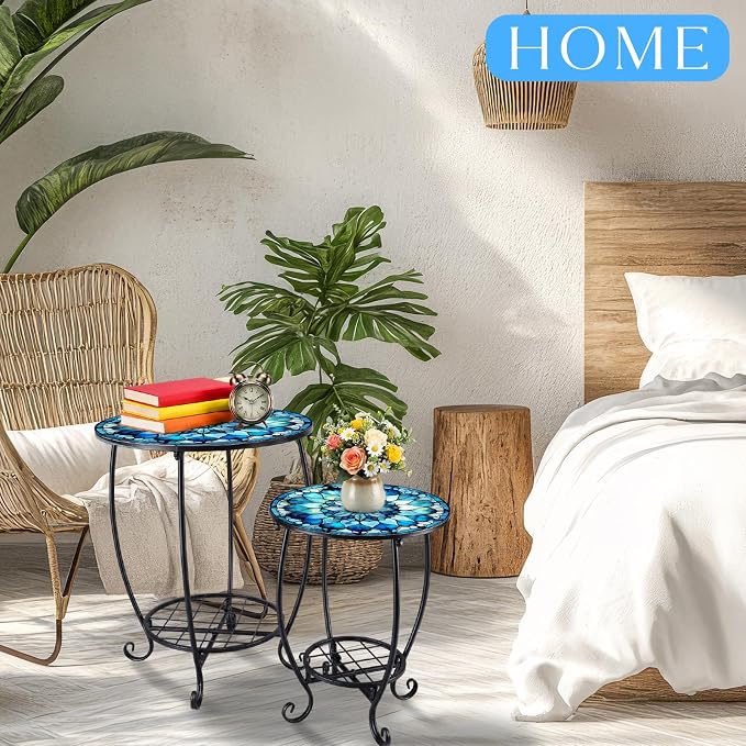 Cinnvoice 2 Pcs Outdoor Side Table Small Patio Round Mosaic Accent End Table Indoor Plant Metal Coffee Tea Tables for Patio Yard Porch Garden Living Room(12" and 16",Mandala Style)