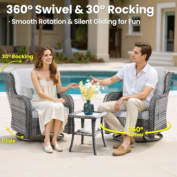 ovios 5-Piece Patio Furniture Set with Swivel Chairs Side Table, Outdoor Wicker Sofa with 42" Fire Pit Table, High Back Couch Modern Conversation Sets, Grey/Grey