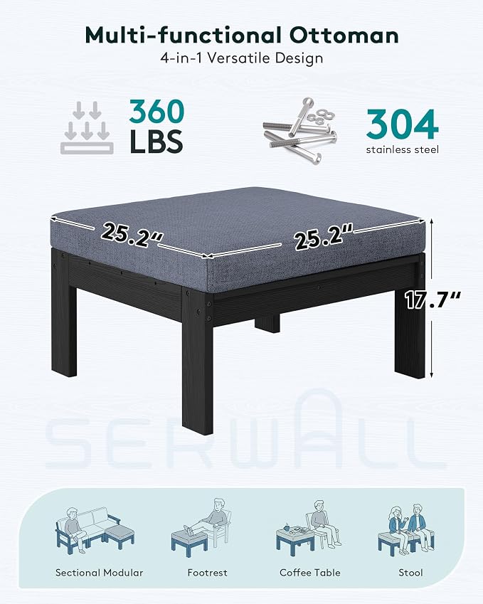 SERWALL HDPE Outdoor Ottoman with Cushions