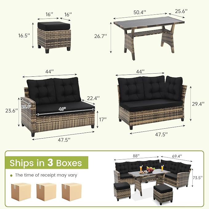 KROFEM 6 Piece Patio Furniture Set, Dining and Conversation Set, Black | UV Treated Wicker, Machine Washable Cushions, Seats 7, 2 Ottomans, 3 Sofa Section, Dining Table, Rustproof Frame
