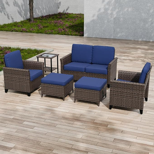 COOS BAY Harbor Retreat 6 Piece Outdoor Furniture Set, Patio Conversation Set with Patio Chairs, 2 Seat Loveseat, Side Table and Ottomans, Wicker Furniture, Brown/Blue