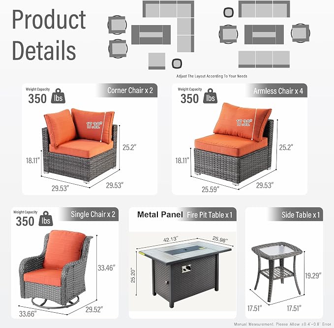 HOOOWOOO Outdoor Patio Furniture Set with Fire Pit 10 Pieces Patio Set with Fire Pit Wicker Outdoor Furniture with Fire Pit Table Set Patio Conversation Set with Swivel Chairs,Orange Red