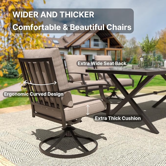 Gotland 14 Piece Outdoor Dining Set, Metal Outdoor Table and Swivel Chairs with X-Shaped Legs 1.5" Umbrella Hole, Patio Furniture Set with Waterproof Cushions, Patio Dining Sets for Deck Khaki