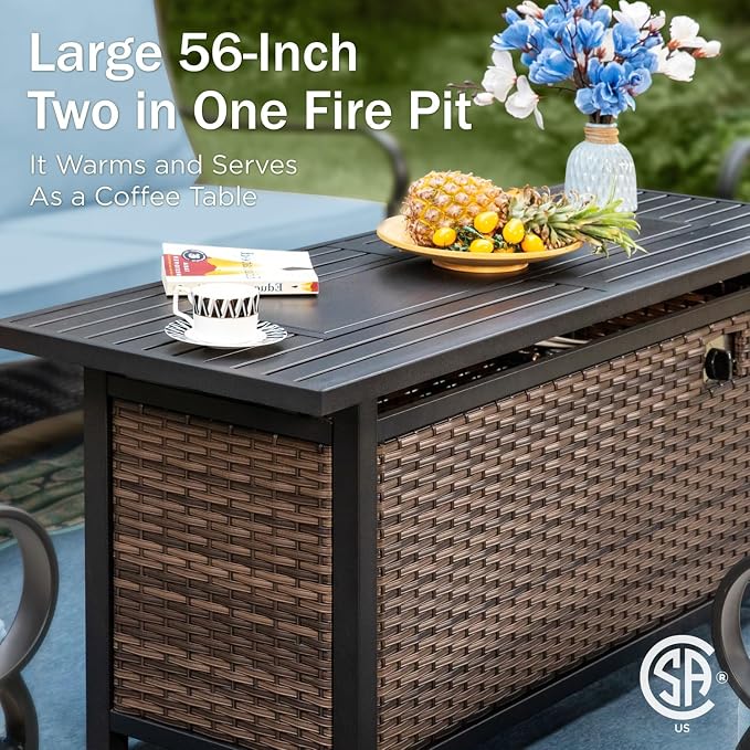 PHI VILLA Patio Furniture Set with 56" Fire Pit Table, Metal Frame Outdoor Conversation Sets, Wicker Patio Sectional Sofa Set with Ottomans for Porch, Deck, Poolside(6 Pieces, Blue)