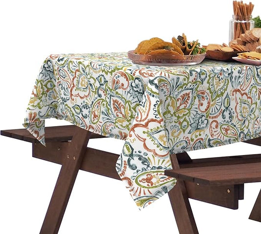 DYTXIII Outdoor Rectangle Tablecloth with Umbrella Hole and Zipper 84" x 60", Water Repellent Floral Picnic Cover, Fade & Wrinkle Resistant Tablecloth for Patio/Garden/Party Table, Paisley Botanical