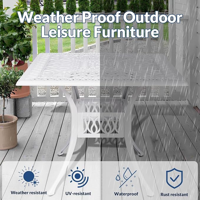 35.4 Inch Outdoor Dining Table Square Patio Table Bronze Cast Aluminum Rustic Large Table with Umbrella Hole, White