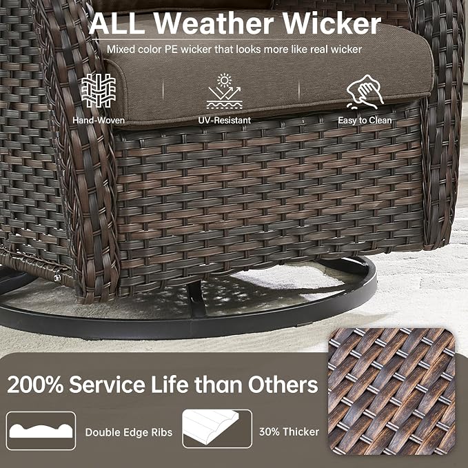 Outdoor Swivel Rocker Patio Chairs Set of 4 with Ottoman Coffee Table - 5" Thick Cushion 7 Piece Furniture Set All Weather Comfortable Wicker Conversation Set for Porch Deck - Brown/Gray