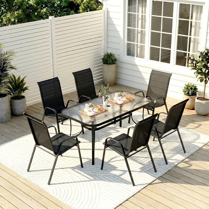 TLSUNNY 7 Pieces Patio Dining Set, Outdoor Table and Chairs W/1.69″ Umbrella Hole, 30"X 55" Table and Stackable Textilene Chair, All Weather Patio Furniture Set (Umbrella not Included) (Black)