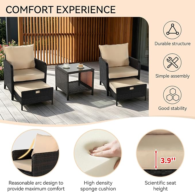YLGJ&TIDY 5 Pieces Patio Furniture Set, Rattan Outdoor Lounge Chairs with Soft Cushions,Outdoor Wicker Patio Conversation Set with Hidden Ottoman and Coffee Table for Porch, Garden, Backyard (Khaki)