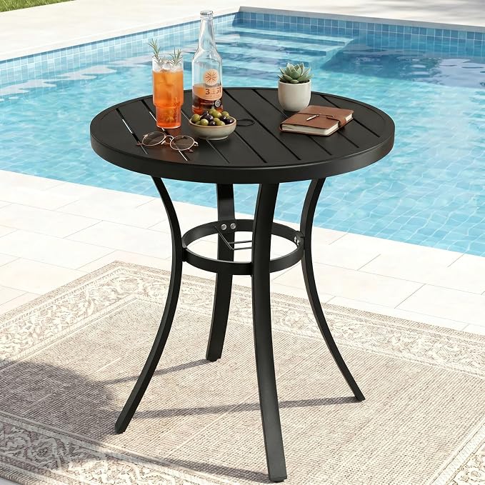 TLSUNNY 27.6" Outdoor Patio Round Dining Table for 2, Patio Table with 1.57"-1.8" Adjustable Umbrella Hole & Foot Pads, Metal Steel Frame & E-Coating, All Weather for Lawn Poolside (27.6")