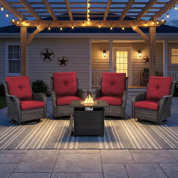 Wicker Patio Conversation Furniture Set All Weather Outdoor Furniture Set with Swivel Rocker Chairs and Fire Pit Table, High Back, 4 Inch Thick Cushions – Brown Wicker/Red Cushion, 5 PCS
