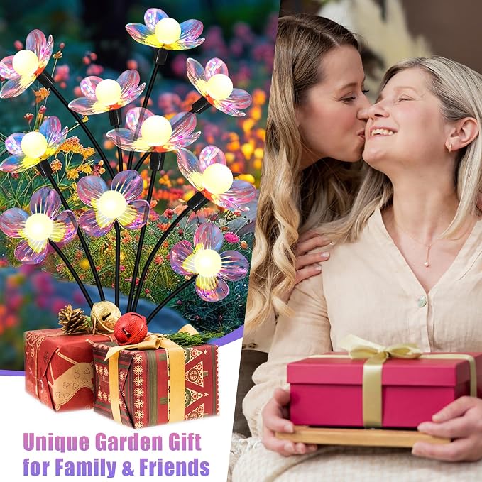 Solar Garden Lights Flowers 4 Pack of 24 LEDs Swaying Firefly Garden Decor | Swaying Flowers Solar Lights Outdoor for Yard Pathway Patio, Swaying Lawn Decor as Gardening Gifts for Women Christmas decor