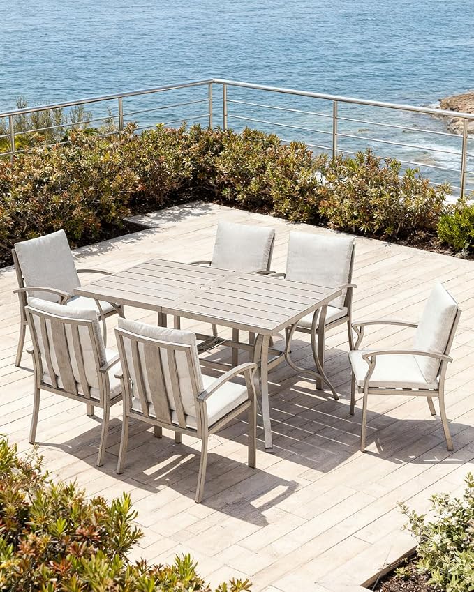 7-Piece Outdoor Patio Dining Set, Never-Rust Aluminum Patio Dining Set with Umbrella Hole, Outdoor Table and Chairs with Cushions, Patio Furniture Sets for Lawn, Garden, Backyard, Limed Oak