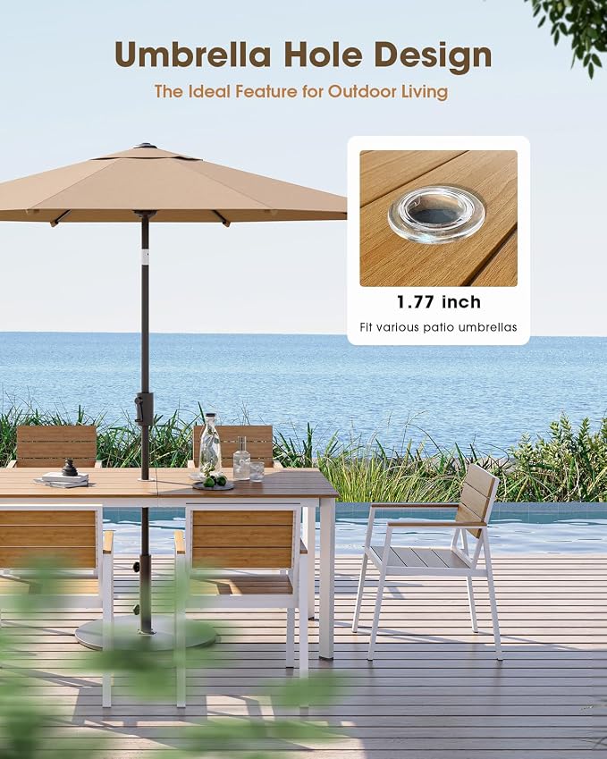 Outdoor Dining Set for 4, Aluminum Patio HDPS Outdooor Table and Chairs Set with Umbrella Hole, All Weather Patio Furniture Set, 5 Peice Patio Dining Table Set (White & Teak)