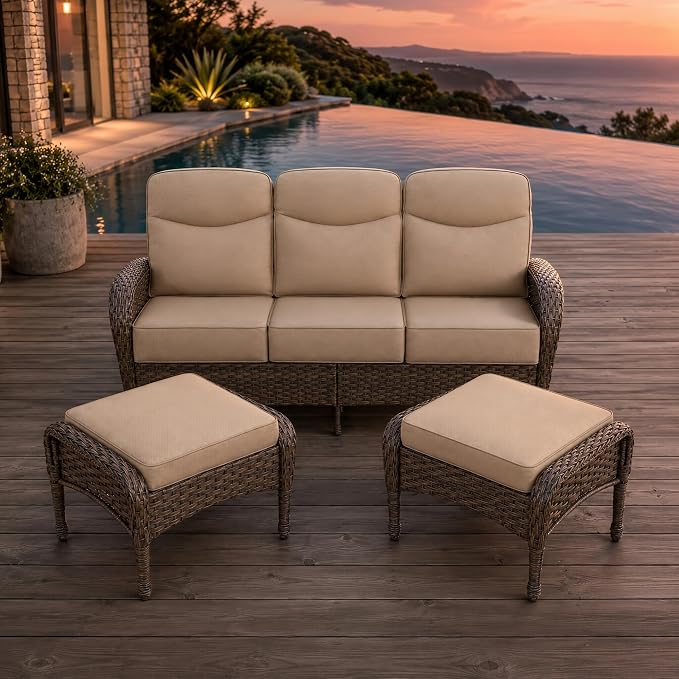 HUMMUH Outdoor Couch with 6-inch Thick Cushion, Luxury High Back Patio Furniture Set -Patio Sofa with Ottomans,3PCS Wicker Conversation Set for Deck Yard and Porch