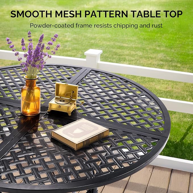 VINGLI 42" Round Outdoor Dining Table - Patio Metal Table with 1.97" Umbrella Hole, Iron Garden Table for Deck Porch Backyard, Black