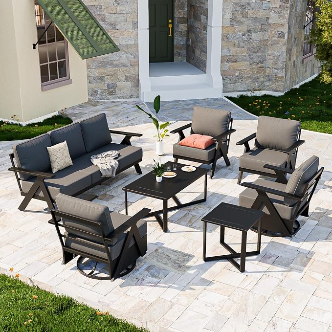 COOS BAY Iron Luxe 7 Piece Outdoor Patio Furniture Set, Modern Patio Conversation Set with Patio Chairs, Swivel Chairs, a 3 Seat Couch, Coffee Table & Side Table for Deck, Garden, Porch, Black/Gray