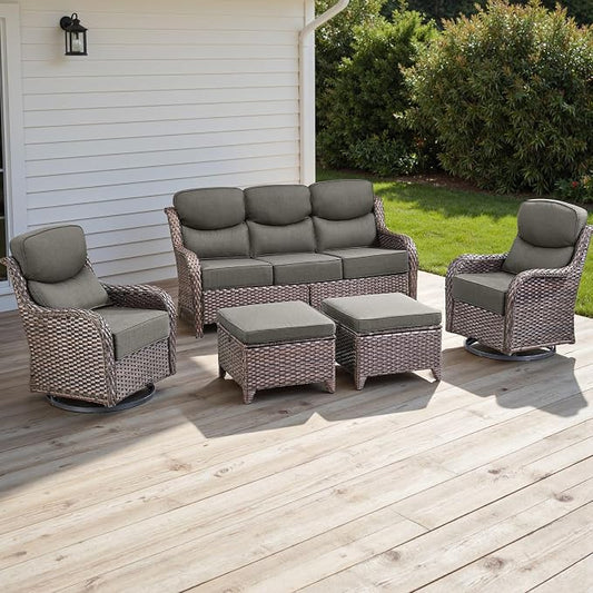 Rilyson Wicker Outdoor Patio Furniture Sets - 5 Piece Patio Conversation Sets with Swivel Rocker Chairs, Ottomans and Sofa, 6 inch Cushions, Waterproof Wicker, for Porch Deck Brown/Grey