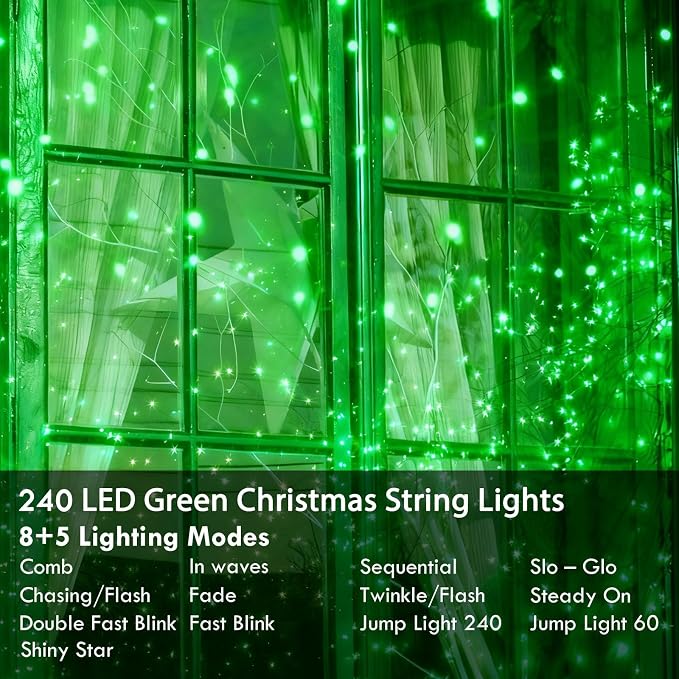 88FT 240LED Extra-Long Connectable String Lights Indoor Outdoor Clear Wire, Green Christmas String Lights, Plug in Twinkle Fairy Light with Timer for Wedding Patio Tree Yard Christmas Decorations