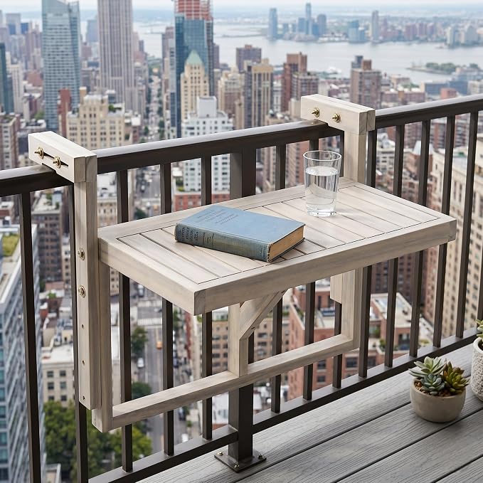 Acacia Wood Balcony Hanging Table – 1PCS Stable Fixed Outdoor Railing Table – Weather-Resistant White Finish – Adjustable Mounting for Small Balcony, Patio, and Porch – Heavy-Duty Deck Side Table