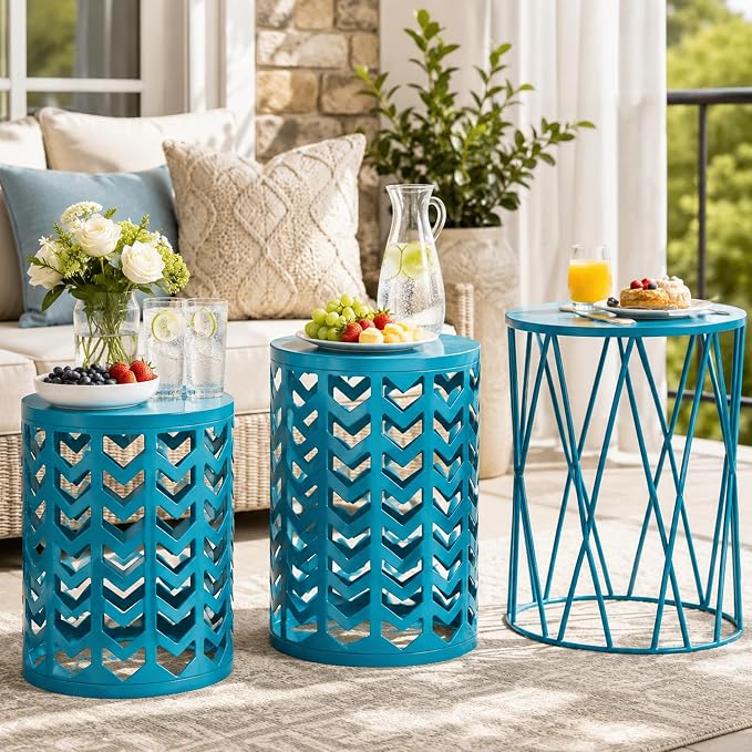 Nesting Side Table Set of 3 Decorative Round Garden Stools for Indoor Outdoor Heavy Duty Metal Frame Side Table Nightstands Modern End Table Plant Stand, Blue