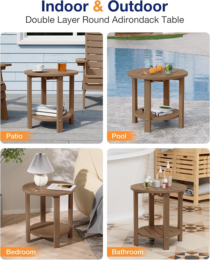 YEFU Outdoor Side Table for Patio: 16in HIPS Small Round Outdoor End Table - 2-Tier Adirondack Tables for Patio Porch Yard Poolside Living Room Beach Bedroom (Teak, 1 Pack)