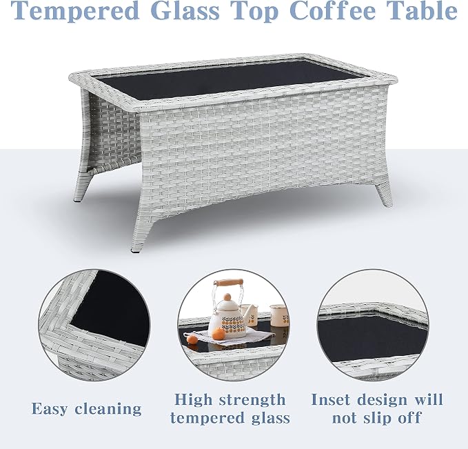 Belord Modern Light Grey Wicker Patio Coffee Table, Rectangular Glass Top, 1 PC - Coffee Table (A077)