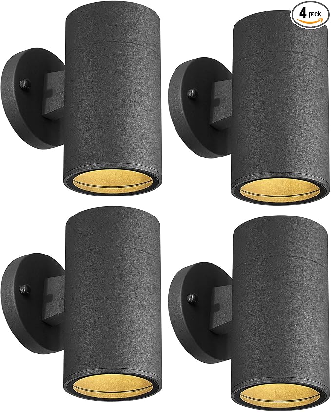 Ken & Ricky Modern Aluminum Outdoor Wall Sconce Lights,Cylinder，Black,4 PK | Downward Outside Wall Light With Glass Cover,No Glare Exterior Lighting Fixtures,For House Front Porch Garage Patio Entryway