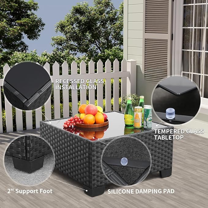 Rattaner 9 Pieces Outdoor Sectional All-Weather Wicker Patio Furniture Set Patio Sectional Glass Patio Table Non-Slip Cushions and Waterproof Covers, Khaki