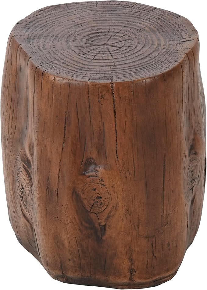 GDFStudio Realistic Tree Stump Side Table, Lightweight Concrete End Table for Indoor & Outdoor, Rustic Wood-Look Stool, Multi-Purpose Plant Stand, Weather-Resistant Accent Table, Dark Brown+Wood