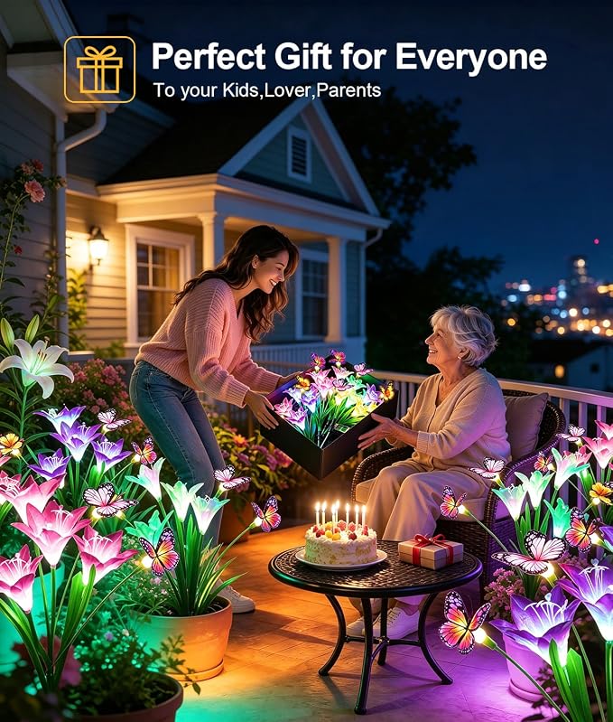 KOOPER Solar Lights Outdoor Garden Decor 10 Pack, 40 Lily Flowers and 30 Swaying Butterflies, IP65 Waterproof 7 Color Changing Solar Flower Lights for Yard Patio Pathway, Gifts for Mom Women Grandma