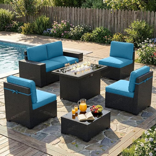 LayinSun 7 Pieces Outdoor Patio Furniture Set with 44" Fire Pit Table Rattan Sectional Sofa Conversation Sets