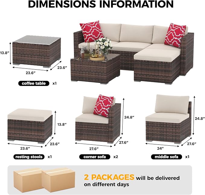Garvee 5 Pieces Patio Furniture Set, Outdoor Glass Table and Cushions with Rattan Wicker Chairs, Patio Furniture Set for Porch, Balcony, Backyard, Garden, Brown & Beige