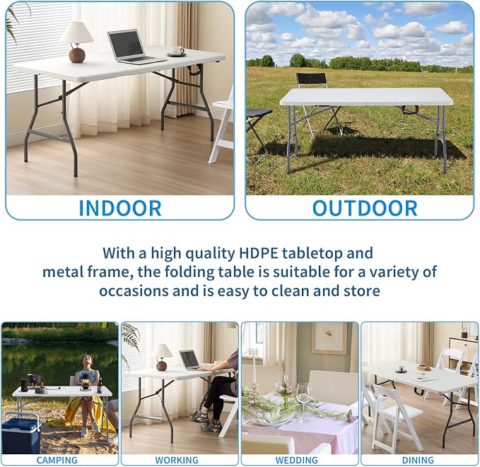 KAIHAOWIN Plastic Folding Table-5ft Fold in Half Picnic Table with Carrying Handle for Indoor Outdoor Camping Wedding Laundry Party-White