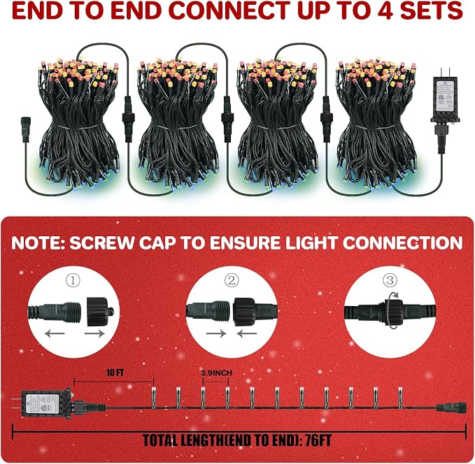 66ft 200 LED Christmas Tree String Lights Outdoor Fairy Lights Plug in, Expandable Green Wire Clear Bulbs Mini Lights 8 Modes, Xmas Wedding Party Decoration (Multicolor)