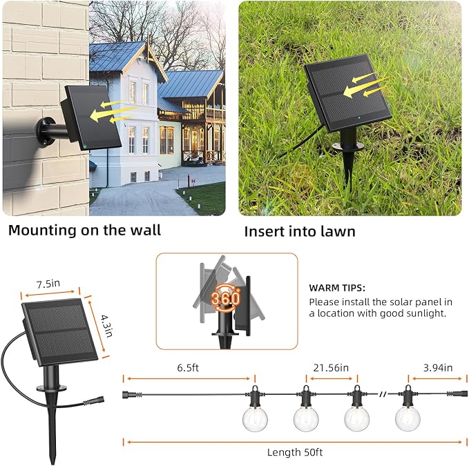 Kawaya G40 Outdoor String Lights Solar 50FT IP65 2700K LED Patio Light | IP65 Shatterproof Hanging Edison Blubs,2700K Warm White for Garden Porch Fence Camping Party Backyard Deck Bistro Balcony