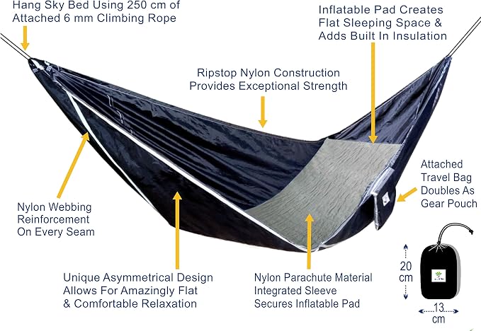 Hammock Bliss Sky Bed - Hangs Like A Hammock, Sleeps Like A Bed - Asymmetrical Design Hammock Tent with Integrated Inflatable Pad Sleeve for a Lay Flat & Insulated Camping Hammock Sleeping Experience