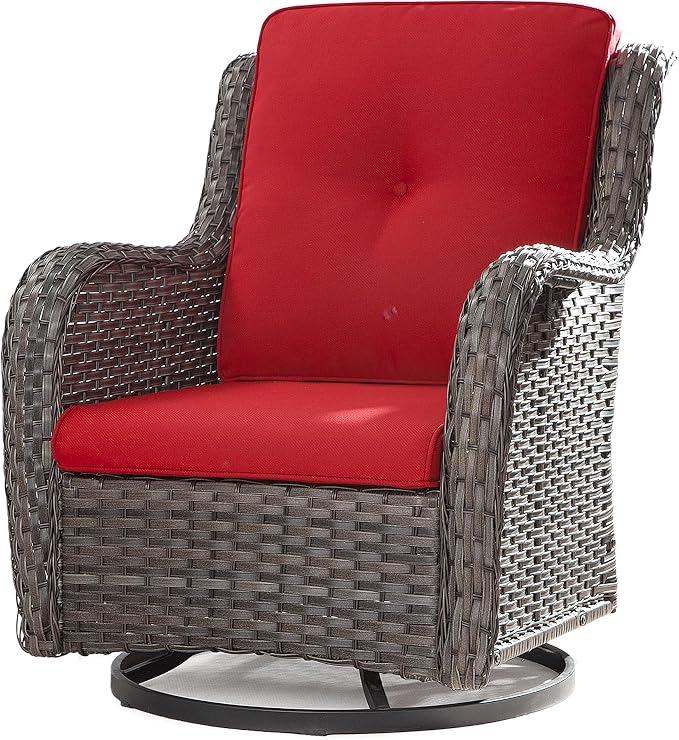 Outdoor Swivel Rocker Wicker Chair, High Back Swivel Patio Chair with OIefin Cushions (Mixed Grey/Red)