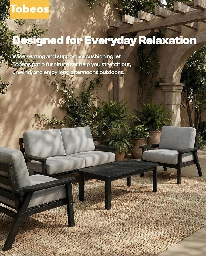 HDPE Patio Furniture Set 8 Seats, Outdoor Couch with Washable Thick Gray Cushions & Side Table, Outdoor Sectional Furniture for Backyard, Deck, Lawn, Porch (Black Frame)