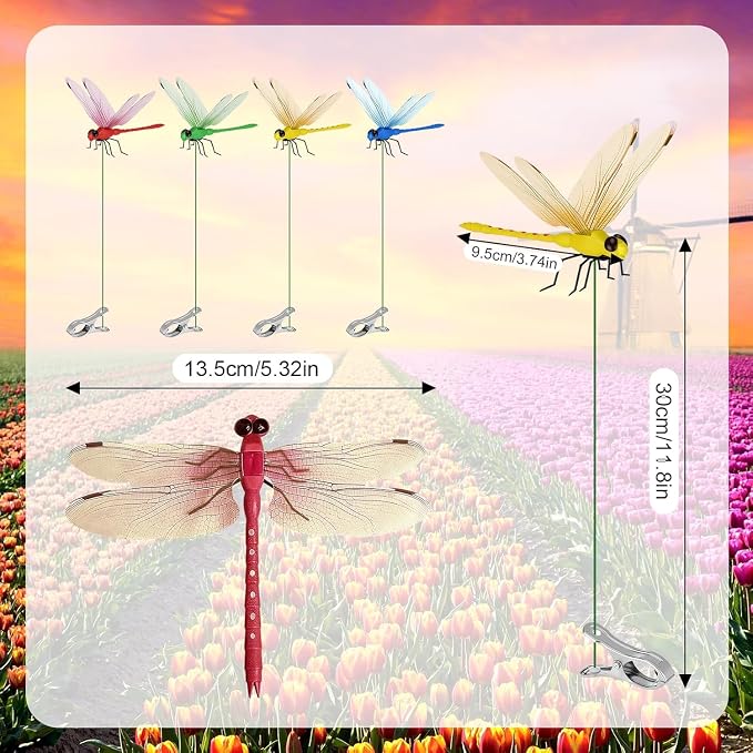 16pcs Dragon Fly Clips for Bugs Repel Lent - Lifelike Outdoor Decorative Dragonflies for Patio, Porch, Plants, Yard and Backpack, Waterproof Summer Garden Ornaments