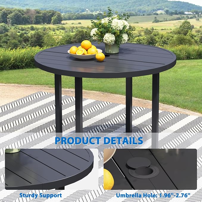 9-Piece Patio Furniture Set, Black Round Patio Table and Black Chairs Set of 8, Outdoor Dining Set with Umbrella Hole for Garden, Yard, Patio
