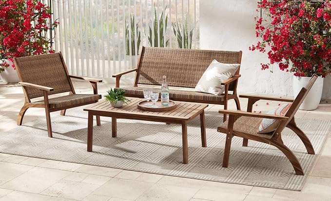 Teal Island Designs Perry Farmhouse Rustic Acacia Wood Rectangular Outdoor Coffee Table 43 1/4" x 22 3/4" Brown Slat Tabletop for Cottage Core Spaces Patio House Balcony