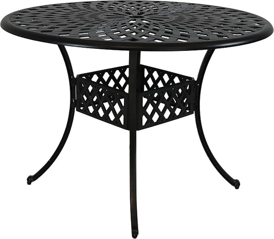 Sunnydaze Decorative Crossweave Cast Aluminum Patio Dining Table with Umbrella Hole - 41-Inch Diameter