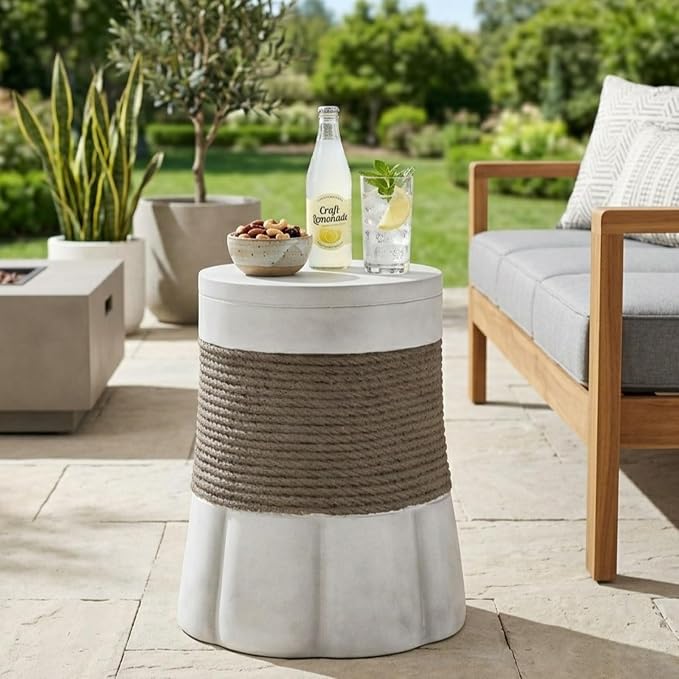 Outdoor Side Table, Woven Rope & MGO, Brown,Gray