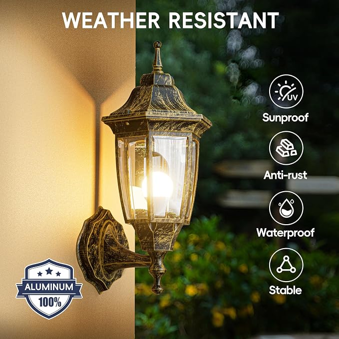 EMART Outdoor Front Porch Light with Bulb, Wall Lamp Fixture(2 Pack, Gold) | Exterior Anti-Corrosion, Waterproof Aluminum & Glass Shades, Modern Sconce Lantern for Outside, House, Garage