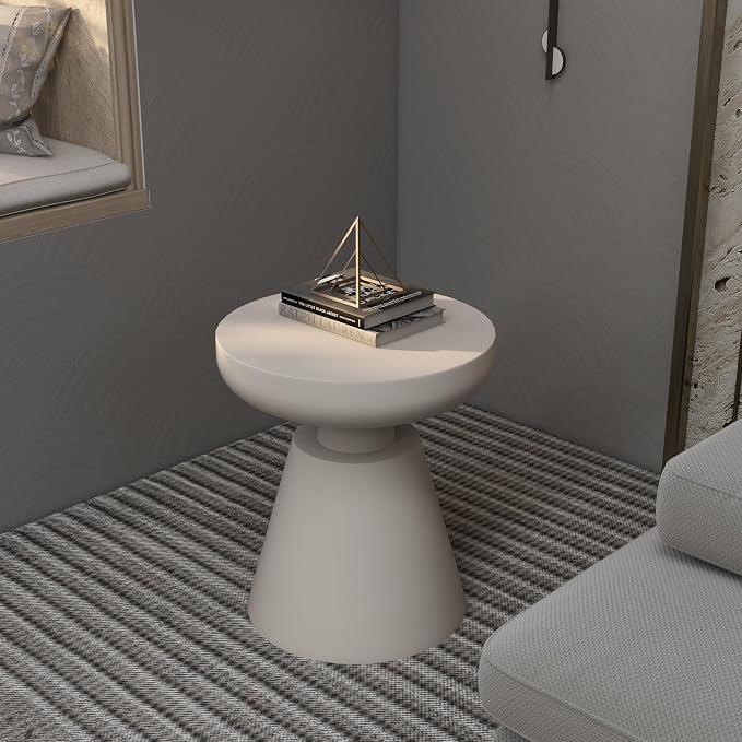 LeisureMod Minimalist Modern Side Table Round Fiberstone Tabletop Pedestal Base, Accent Table for Home Patio Living Room Weather-Resistant, Isle Cream