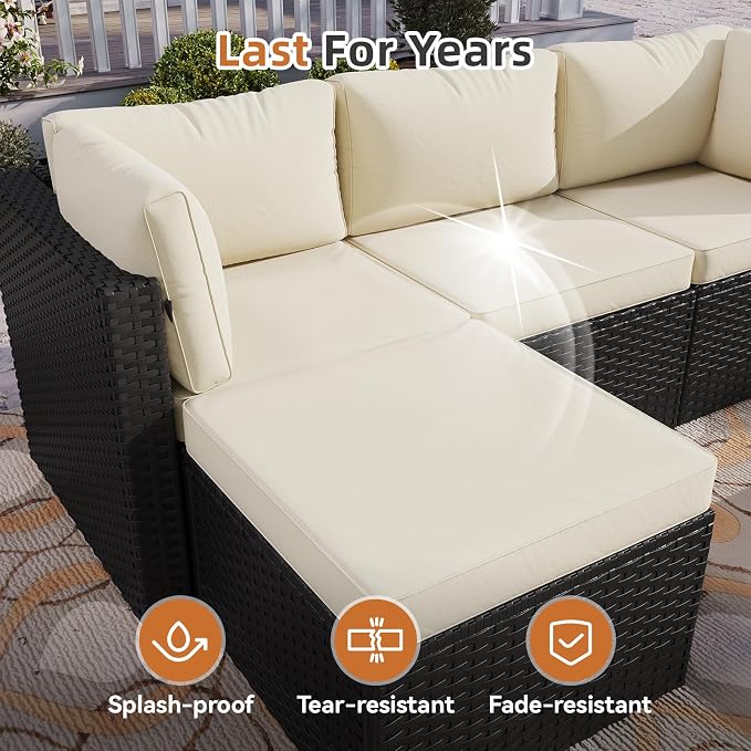 Aoxun Patio Furniture Set 5-Piece, Outdoor Sectional Sofas with Washable Cushion, Wicker Rattan Patio Conversation Sets for Backyard Porch and Poolside, Beige